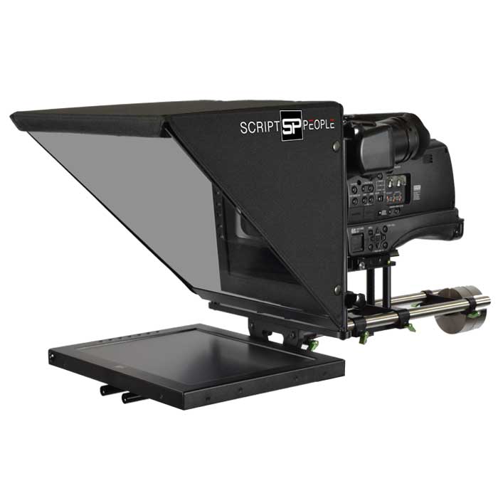 Telescript 15” flatscreen prompter with HDMI and analog inputs, adjustable camera riser